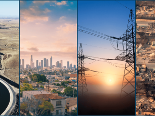 A collage of four images showing water and power infrastructure, including an aqueduct, power lines, as well as destruction from the Palisades fire.